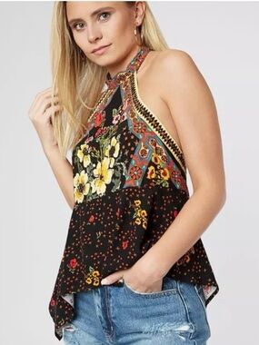Free People New Wave Halter Top Black Combo Floral Patchwork Boho Size S